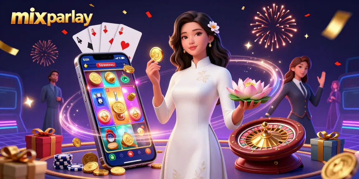 Engage in mix parlay betting strategies with a vibrant Asian woman holding a lotus while surrounded by gaming elements.