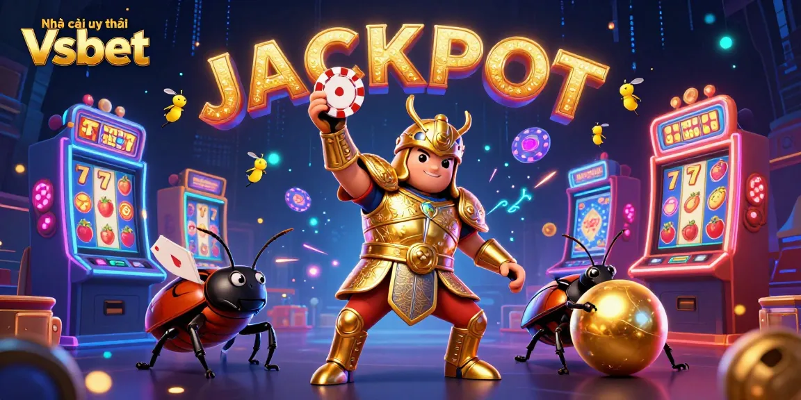 Engage with Nhà cái uy tín Vsbet as the cartoon hercules beetle celebrates a jackpot amidst vibrant casino elements.