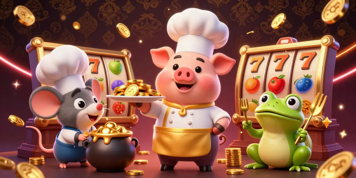 BRO138 di Shop Velouria features a chef pig serving gold coins with lively slot reels in a casino scene.