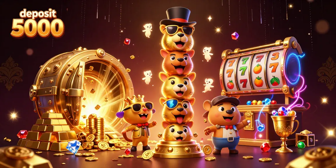 Engage in excitement with deposit 5000 as a golden totem pole and jackpot symbols radiate in this vibrant casino scene.
