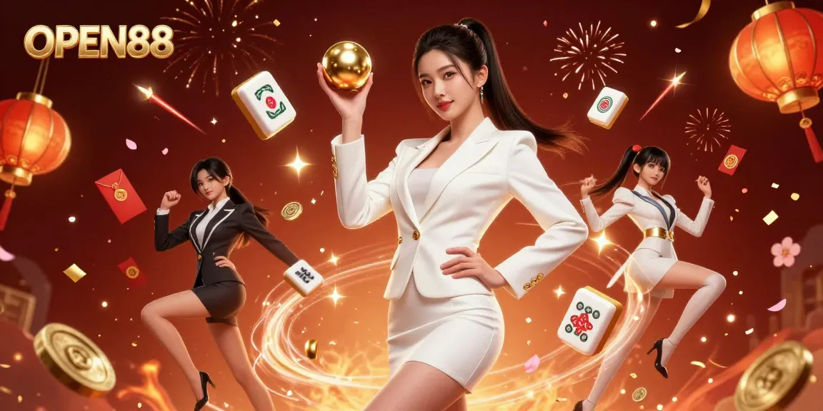 Experience excitement with OPEN88's vibrant 3D casino scene featuring a confident Asian woman holding a golden roulette ball amidst dynamic casino elements.
