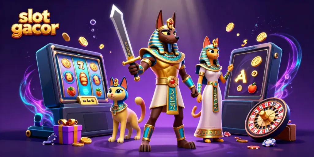 Experience slot gacor with Anubis and Bastet amidst a vibrant casino scene.