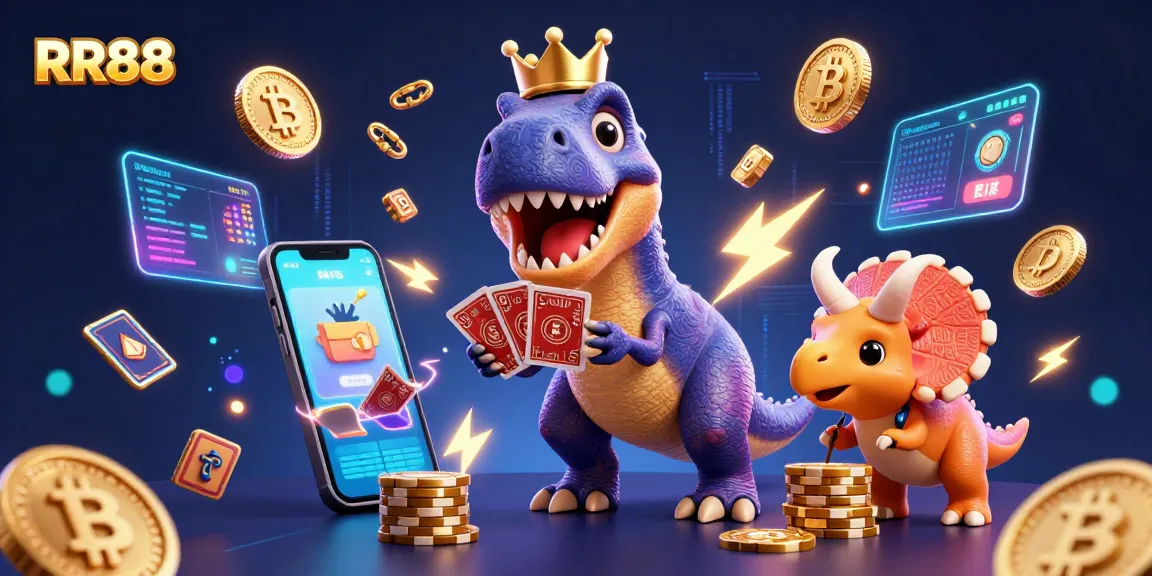 RR88 showcases a 3D cartoon scene with characters playing cards and stacking chips, depicting online gaming excitement.