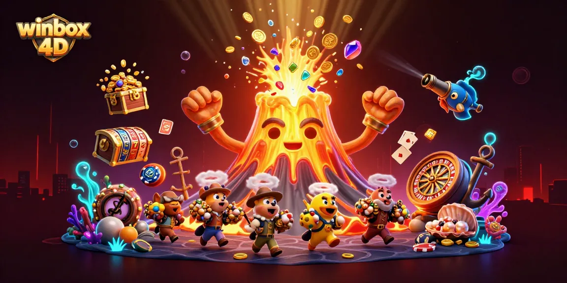 Exciting winbox 4d gaming scene featuring a triumphant volcano, treasure, and slot reels