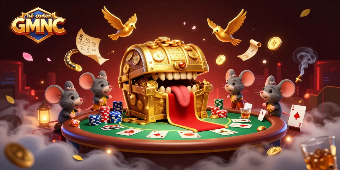 Engage with the exciting gaming atmosphere of hệ thống GMNC, featuring a cartoony treasure chest and dynamic poker elements.
