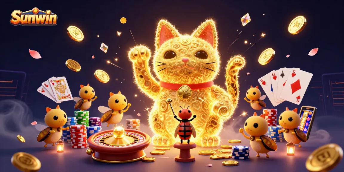 Engage with the vibrant casino world of Sunwin featuring a lucky cat made of fireflies.