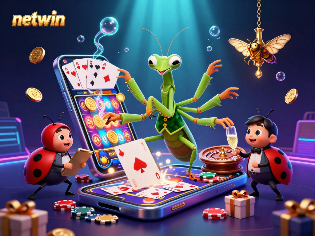 Join the excitement at Netwin with a giant praying mantis card sharp, ladybug pit boss, and immersive casino elements.