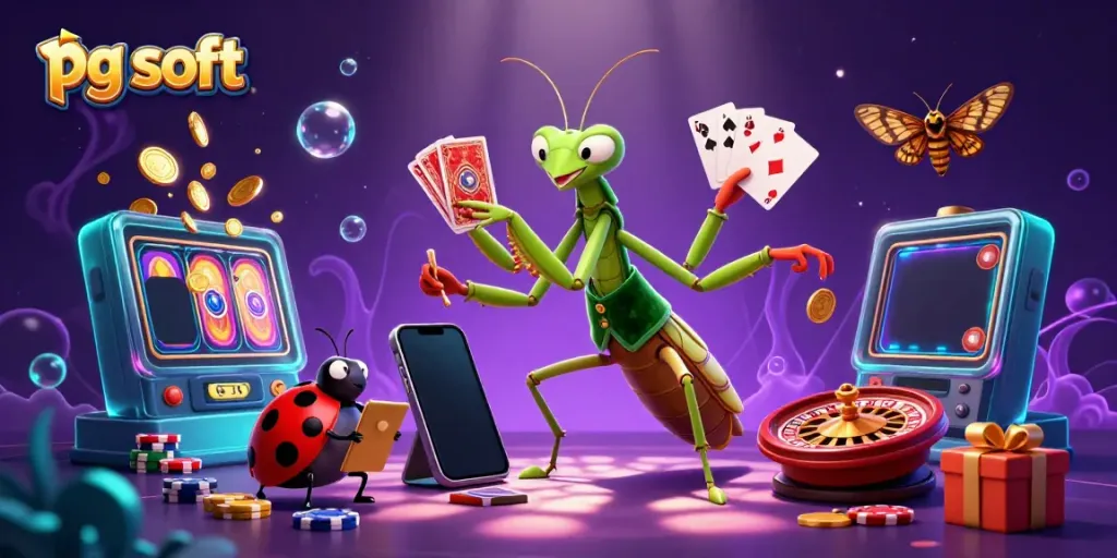 Gambarkan aksi menarik dalam permainan pg soft slot dengan karakter dan elemen kasino.