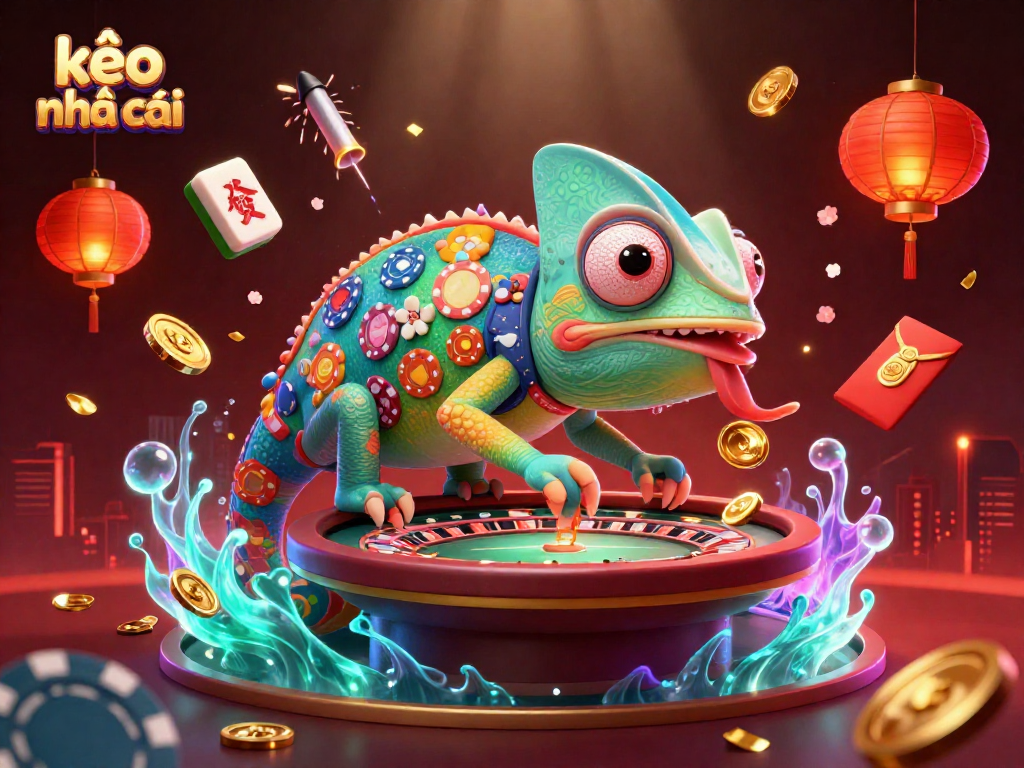 Experience thrilling wins with kèo nhà cái showcased in vibrant casino scene featuring a chameleon owner and festive elements.