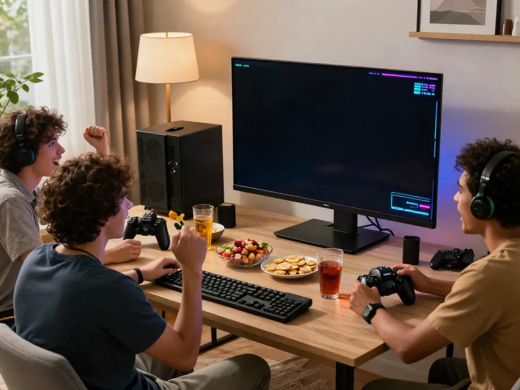 Friends enjoying a lively slot game night at home with vibrant lights and snacks.