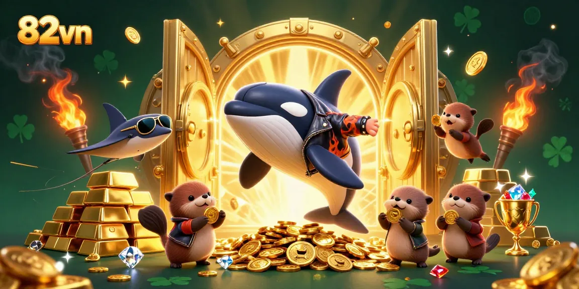 Dive into 82vn's vibrant gaming world with orca diving through treasures and otters holding gold coins.