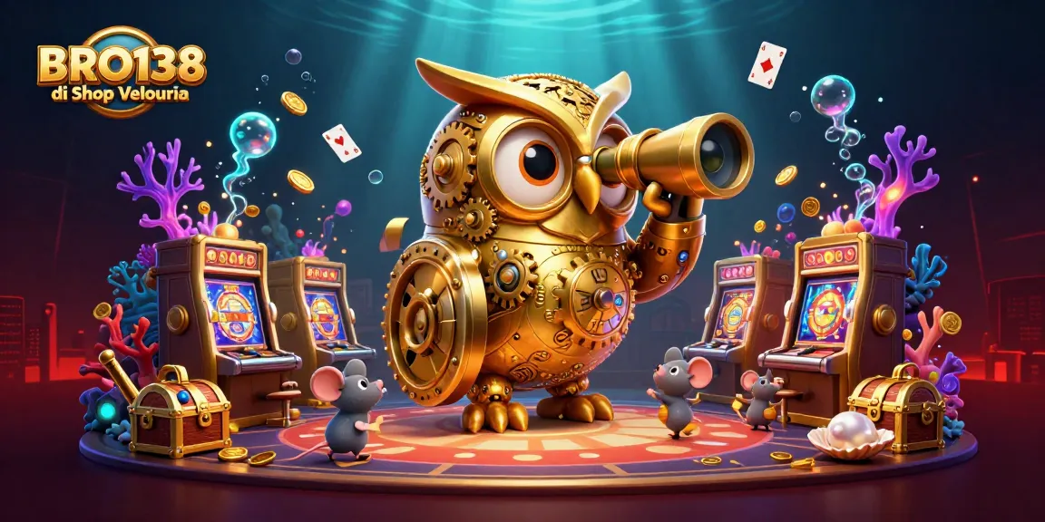 Win big with innovative slot machines at BRO138 di Shop Velouria, featuring vibrant casino elements.