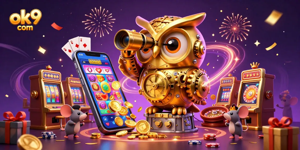 Spin and win at ok9 com with fantasy casino-themed illustration featuring a golden owl and gambling elements.