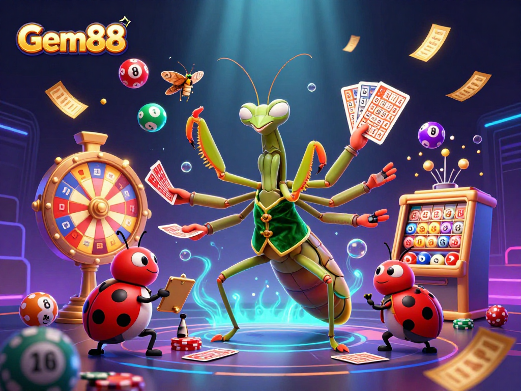 Gem88 showcases a vibrant, animated casino scene featuring a giant praying mantis and ladybug characters.