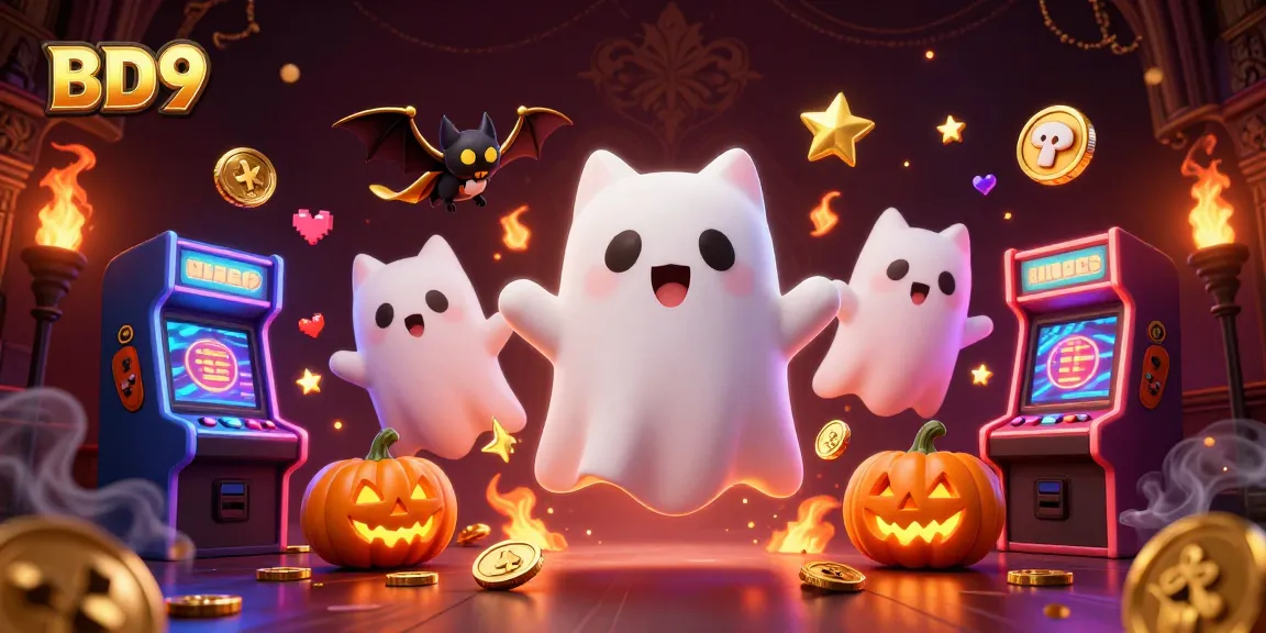 Experience thrilling gaming at BD9 with a floating ghost cat amidst vibrant arcade machines.
