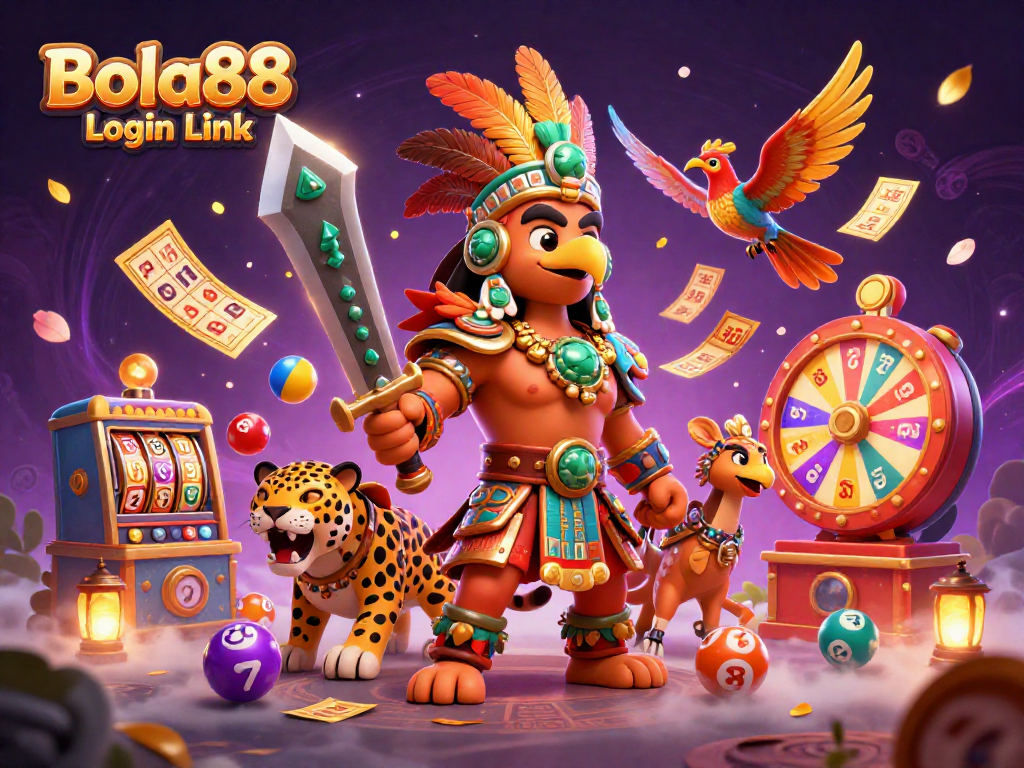 Bola88 Login Link showcases an Aztec warrior scene bursting with vibrant casino elements.
