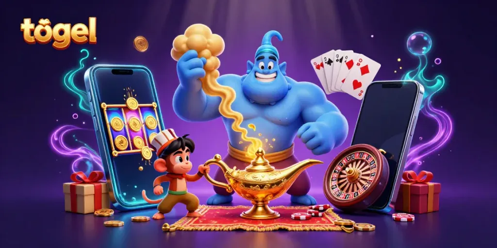 Engage in togel gaming with illustrated slots, poker chips, and a magical genie scene.