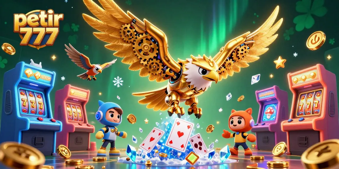 Engage with petir 777 gameplay while experiencing a dynamic 3D casino illustration of golden eagles and arcade elements.
