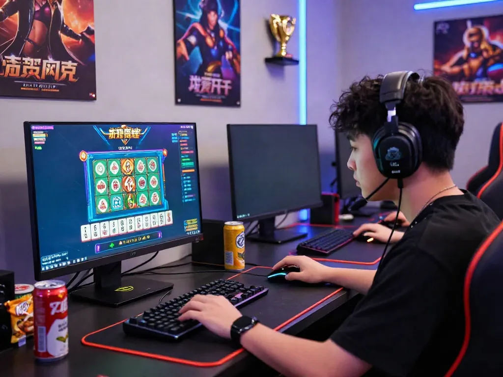 Permainan Mahjong Ways 2 yang menarik dengan pemain fokus dan peralatan gaming di meja, menciptakan suasana intensif.