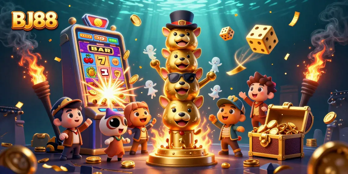 Engage in thrilling gaming with BJ88, featuring a gold totem and vibrant casino elements.