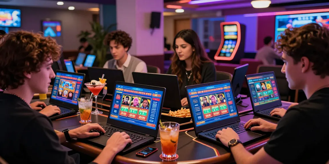 Engaged friends enjoying games at uk credit card casinos with laptops and drinks.