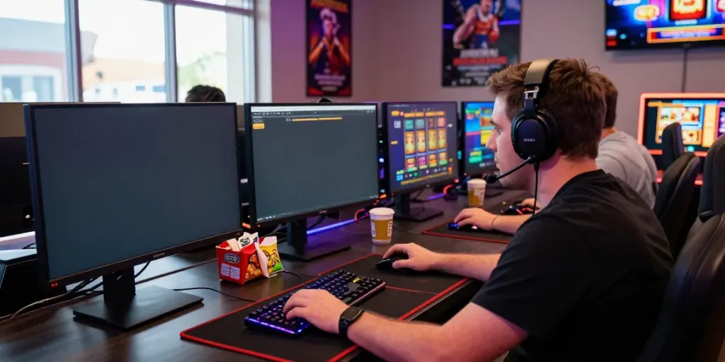Akujnp gaming enthusiast engaged in online casino action with vibrant LED lighting.