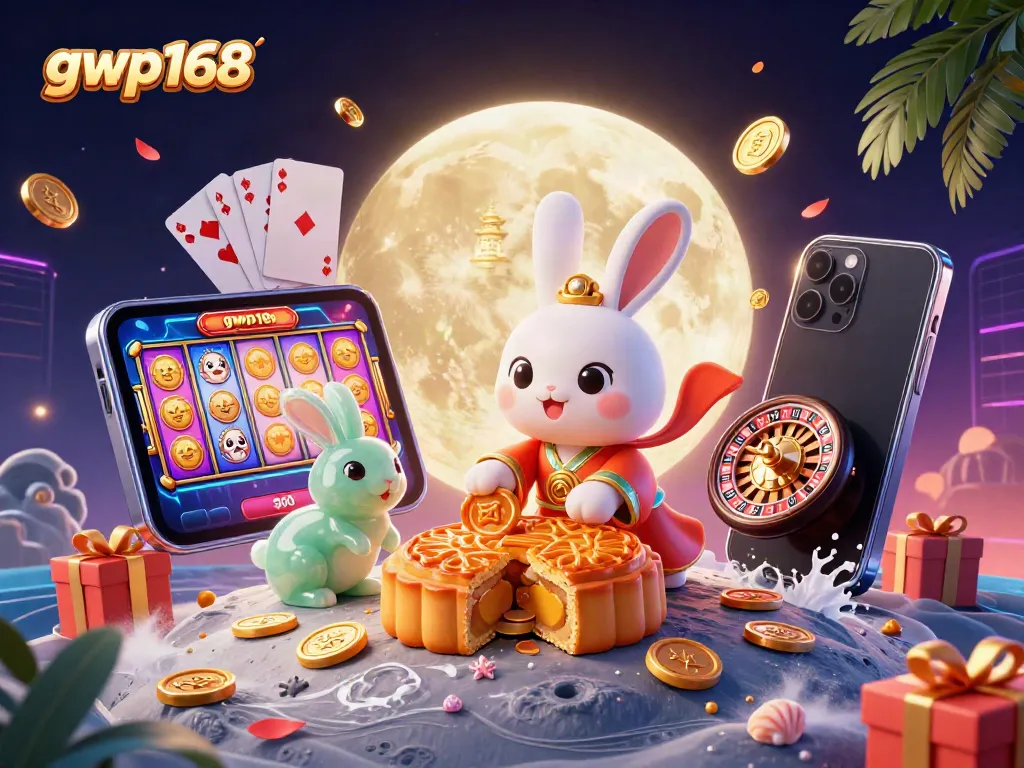 Permainan iGaming menarik di gwp168 dengan karakter kelinci bulan yang menyajikan keripik poker di latar bulan.