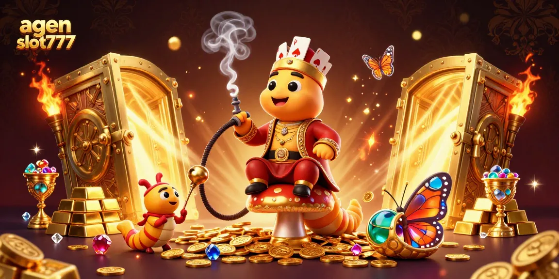 Spin to win with agen slot777 in an energetic casino-themed illustration filled with gold treasures.