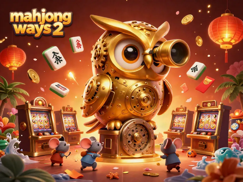 Play mahjong ways 2 with a golden owl overseeing a bustling casino scene filled with exciting game elements.