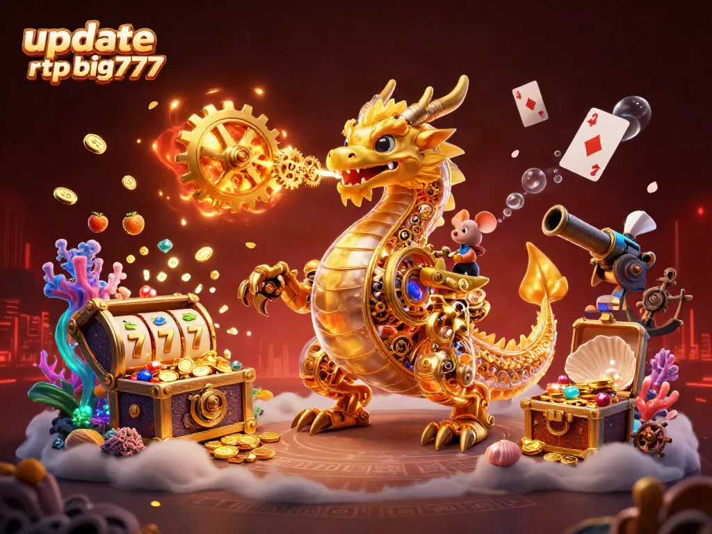 Witness the excitement of update rtp big777 as the golden dragon breathes gears in a vibrant casino adventure.