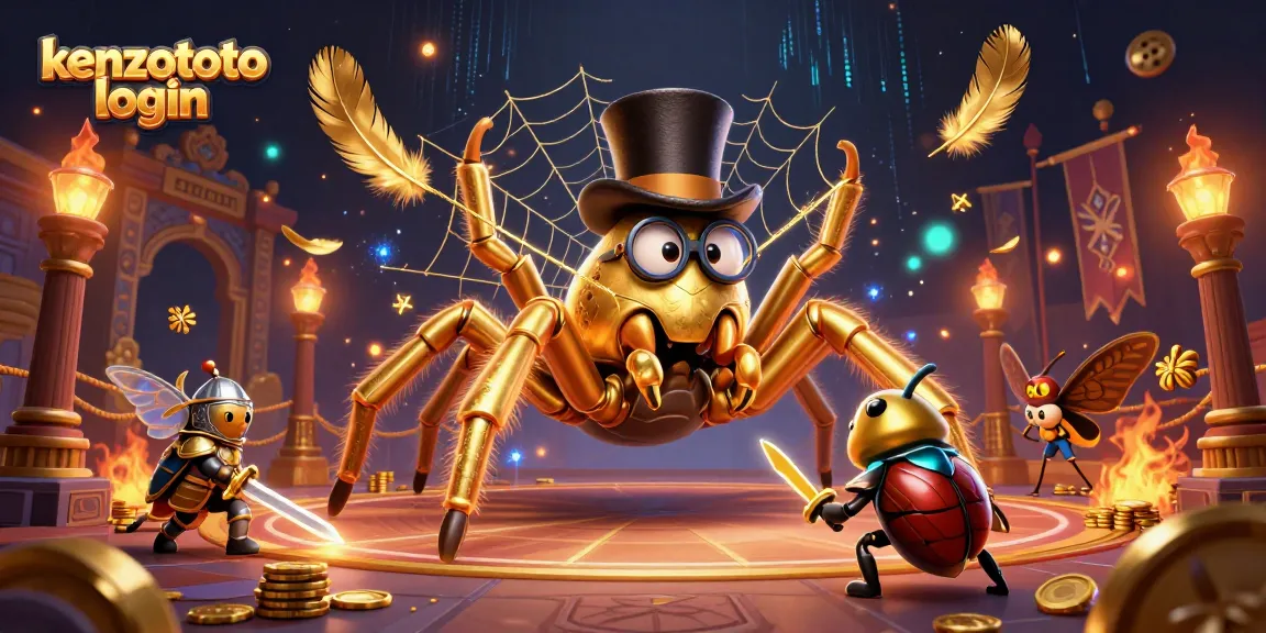 Engage with kenzototo login using a fantastical 3D gaming scene featuring a golden tarantula and brave beetle knight.
