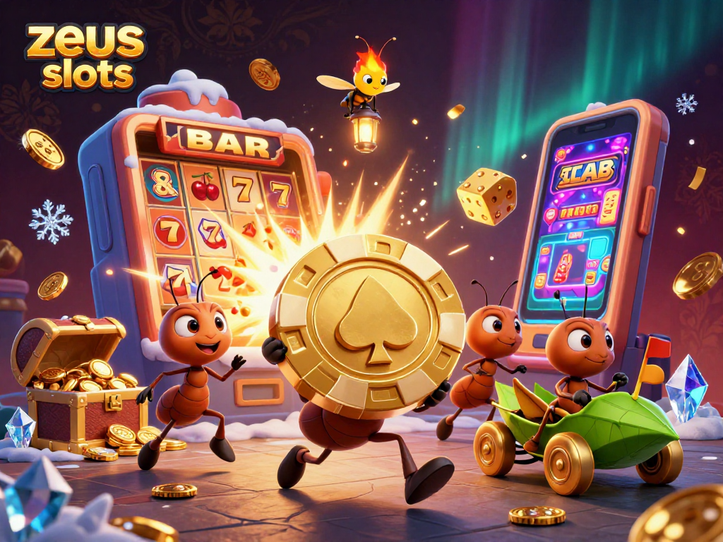 Experience zeus slots with 3D cartoon ants heisting a giant poker chip, surrounded by vibrant casino elements.