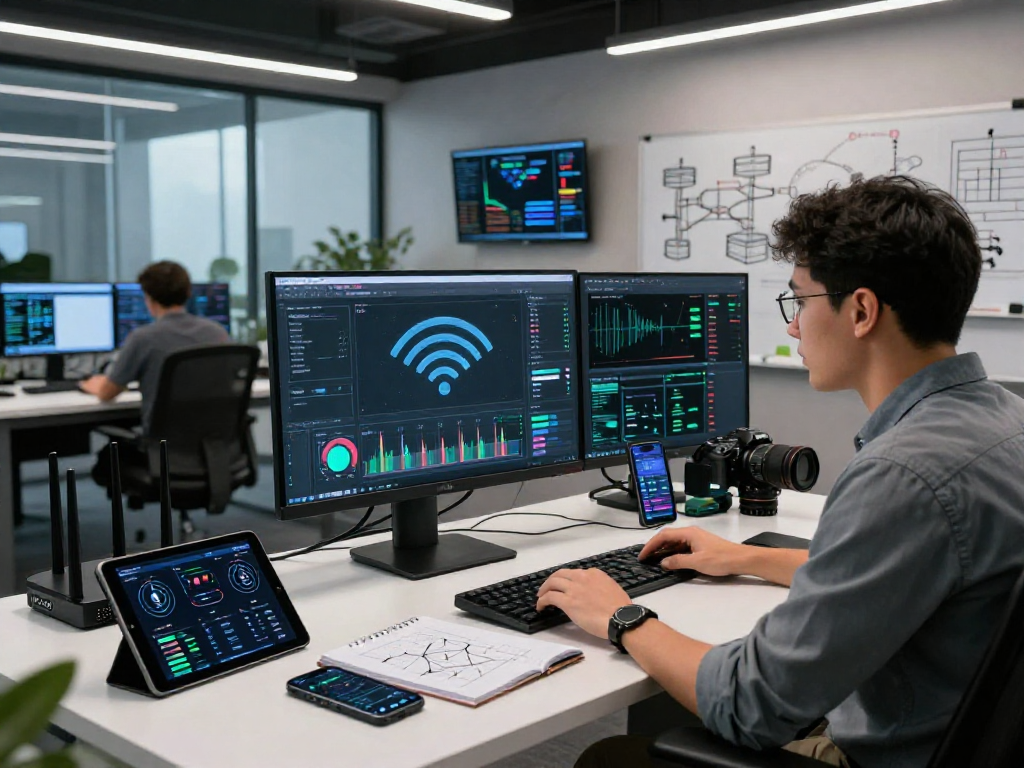 analisis jaringan wifi4d oleh insinyur di ruang kerja modern dengan alat canggih