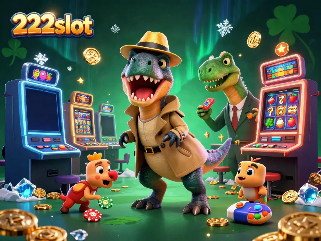 Ilustrasi tema kasino 222slot menampilkan velociraptor di meja mesin slot dengan suasana dinamis.