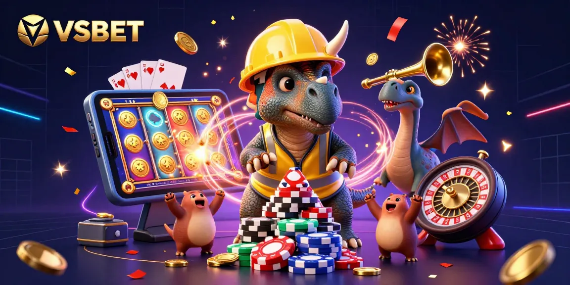 Experience thrilling gaming with VSBET featuring a triceratops celebrating and gambling elements.
