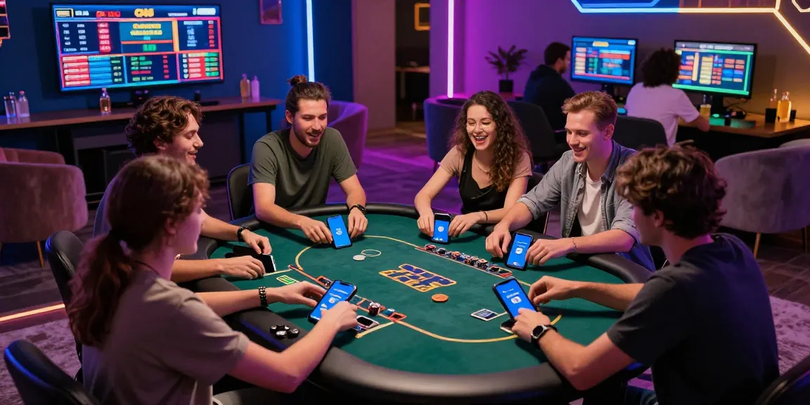 Dynamic scene illustrating crypto casino backlinks in action as friends engage in gaming activities surrounded by screens and cryptocurrency wallets.