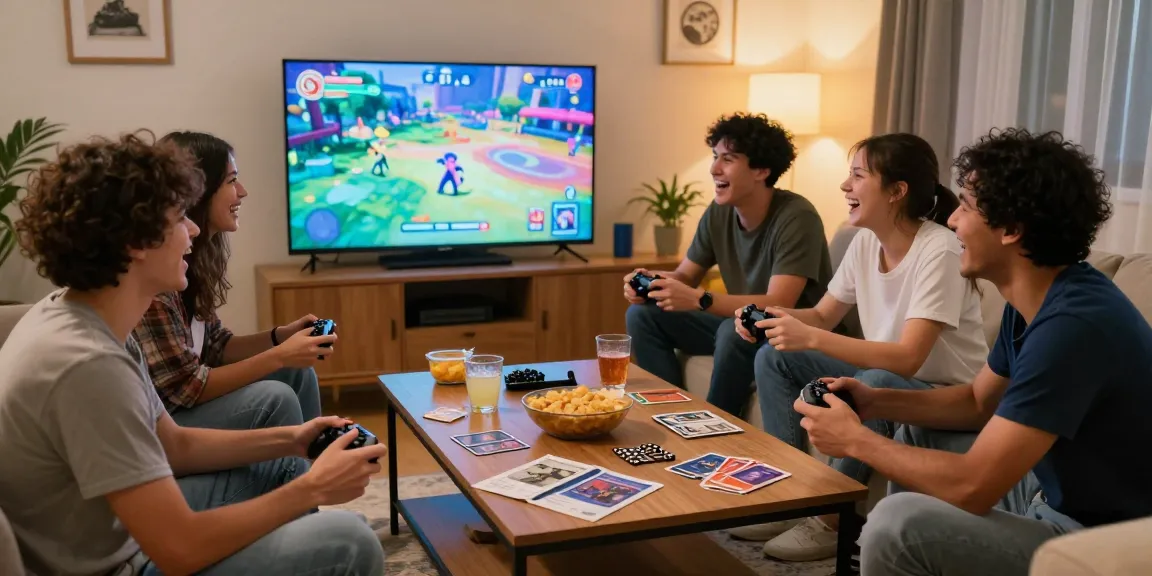 Group of friends enjoying fun adult games in a cozy living room.
