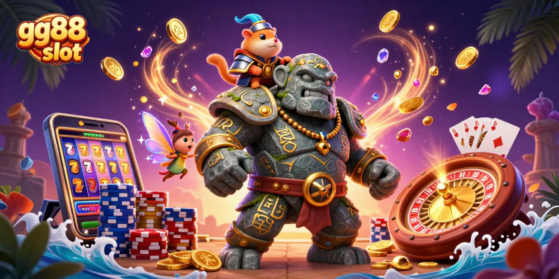 Experience the excitement of gg88 slot with a golem guardian, a fairy, and vibrant gaming elements.