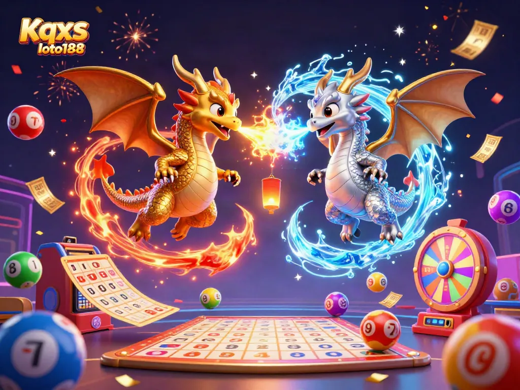 Experience excitement with Kqxs loto188 through 3D dragons and vibrant lottery elements in a dynamic scene.