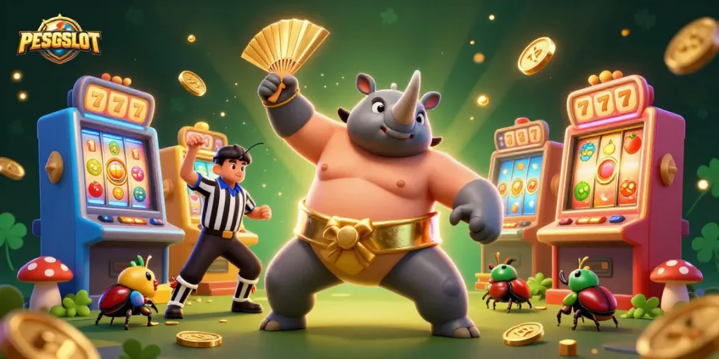 PESGSLOT menghadirkan ilustrasi menarik dengan karakter kejuaraan kumbang badak dan mesin slot penuh warna.