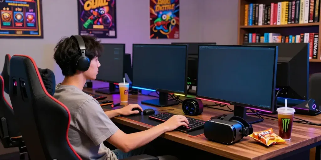 Pengalaman bermain Slot yang menyenangkan dengan gamer dalam suasana modern dan berenergi.