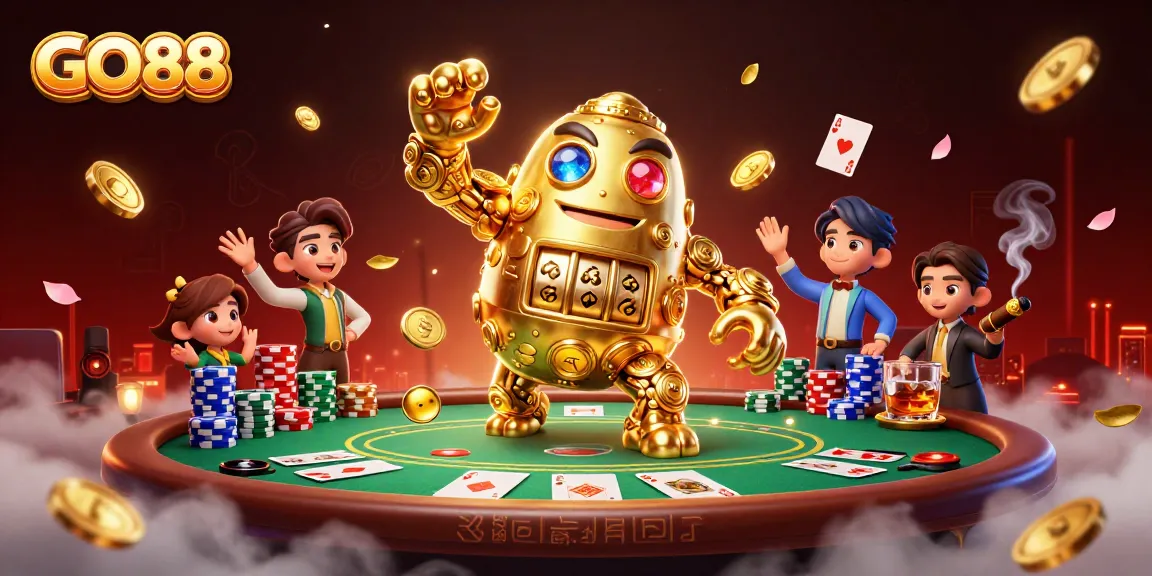 Experience the thrill of GO88's vibrant gaming atmosphere with a golden golem and poker elements.
