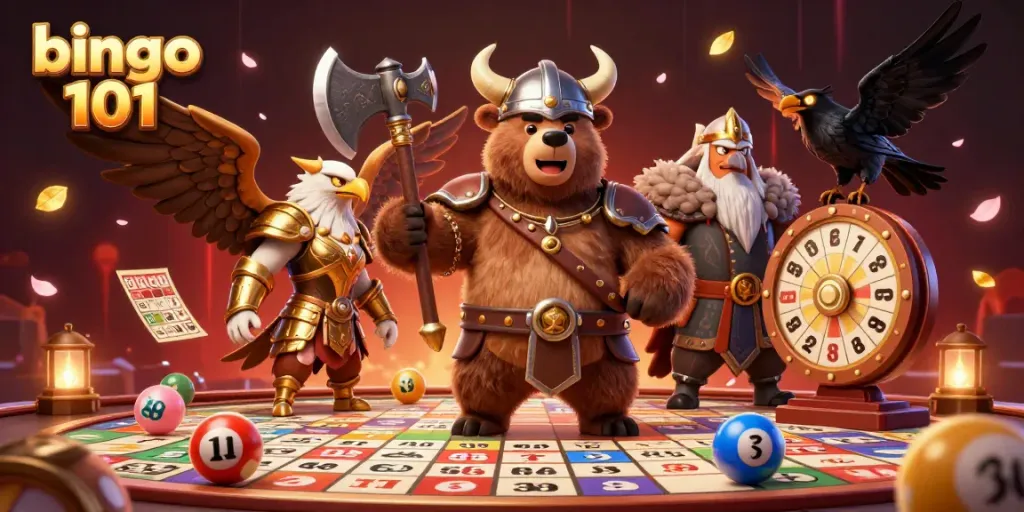 Bingo 101 scene with cartoon Viking bear, eagle, and Odin's ravens playing exciting bingo with colorful cards and balls.