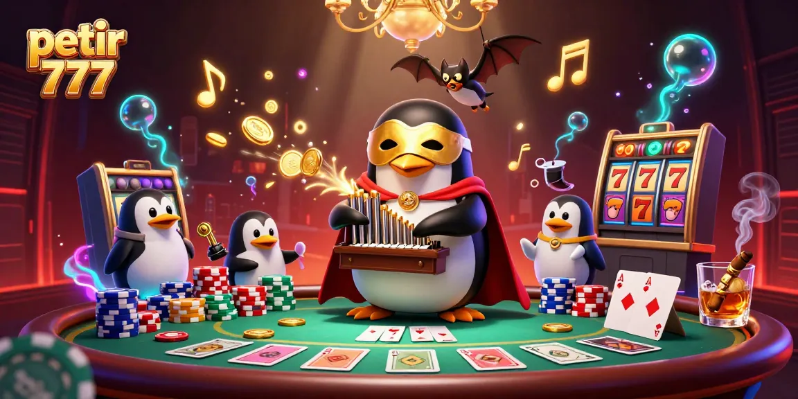 Engage with petir 777 gameplay featuring a dynamic scene of a penguin organist and bat acrobat in a colorful casino