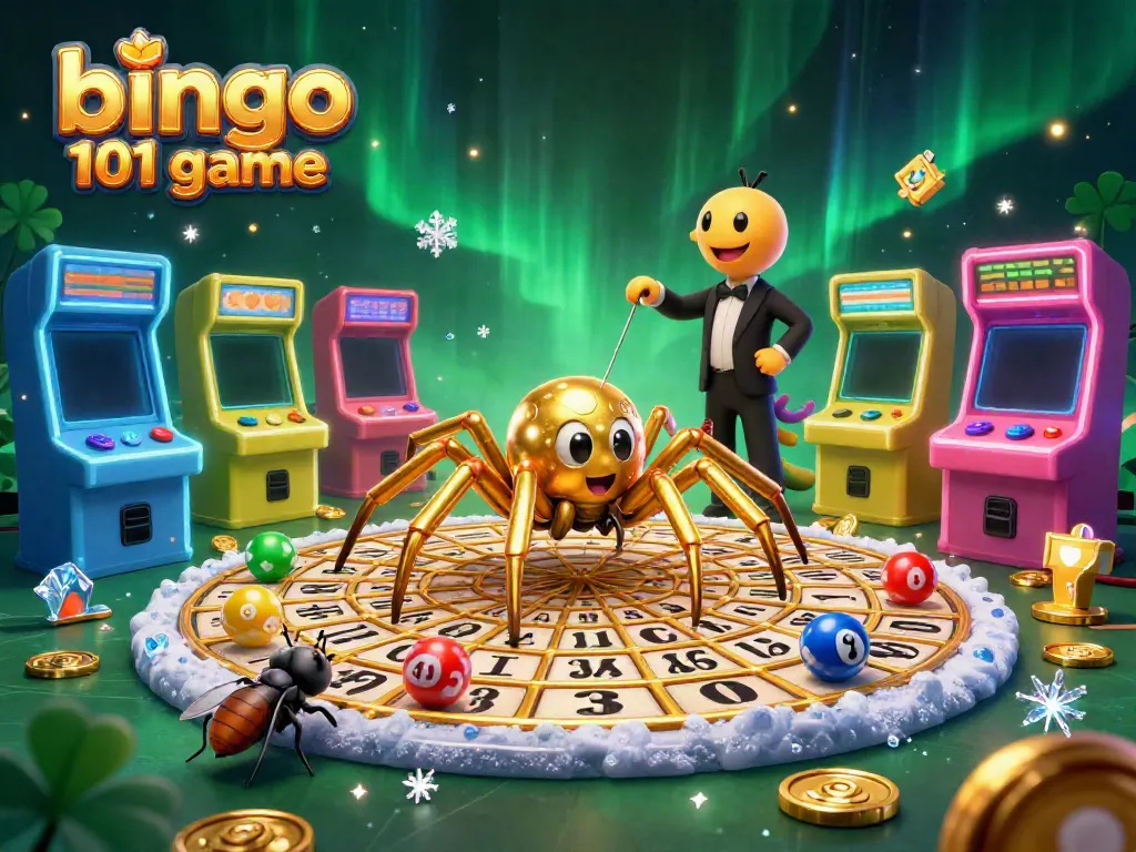 Permainan bingo 101 dalam ilustrasi 3D, menampilkan laba-laba berkilau dan peta permainan.