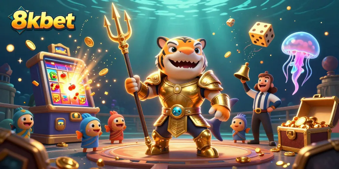 Engage with 8xbet's underwater casino adventure featuring a tiger shark and exciting gaming elements.