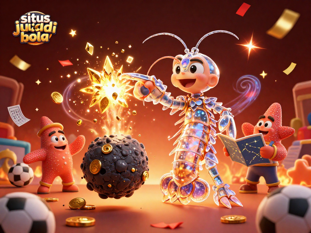 Situs judi bola illustration with galactic samurai and starfish amidst dynamic sports betting elements, creating an engaging gaming atmosphere.