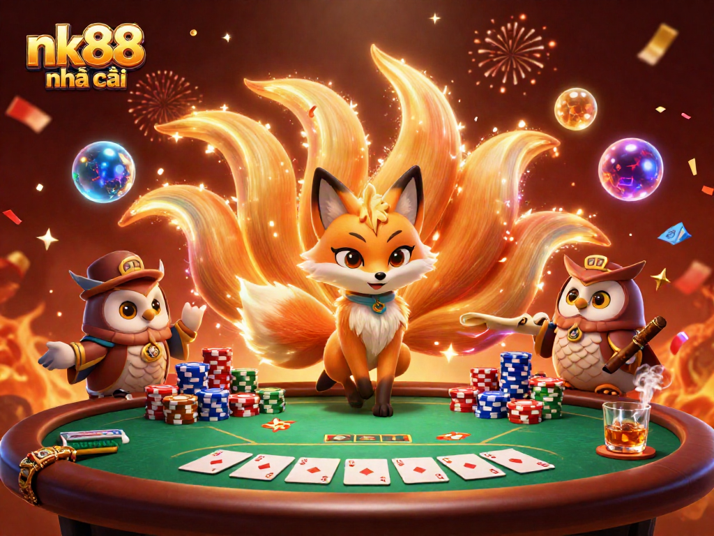 Experience thrilling poker action with nk88 nhà cái, featuring a colorful nine-tailed fox and wise owl in a vibrant casino scene.