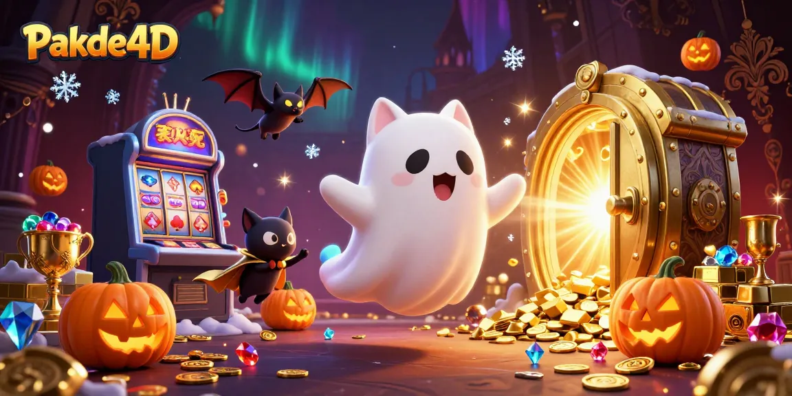 Experience the thrilling atmosphere of Pakde4D with a friendly ghost cat and vampire bat in a vibrant casino.