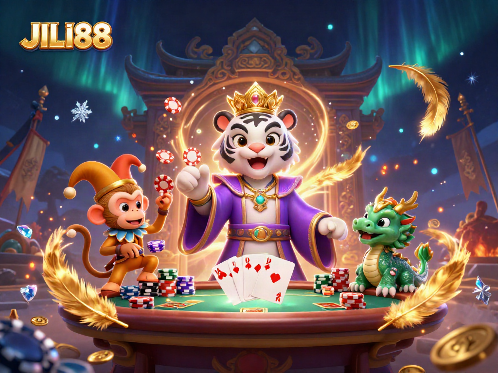 Play poker with JILI88 featuring an elegant white tiger, a golden monkey, and rich casino elements.